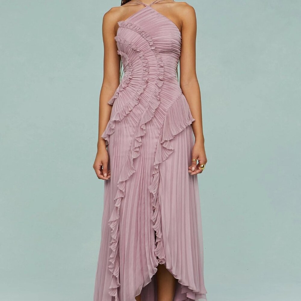 Halter Neck Pleated Backless Dress in Pink Size L